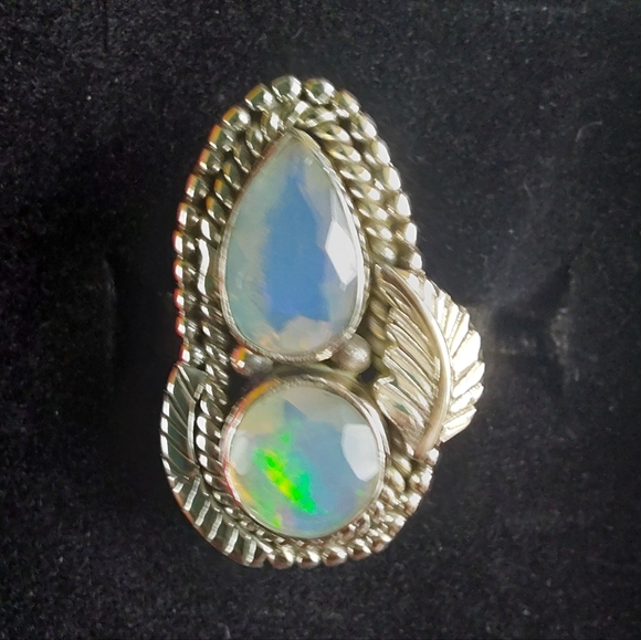 Ethiopian Opal Teardrop & Round Cut Sterling Silver Statement Ring - Picture 2 of 16